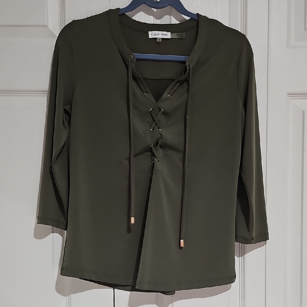 🌿 Calvin Klein Lace-Up Front Blouse | Olive Green | Size S